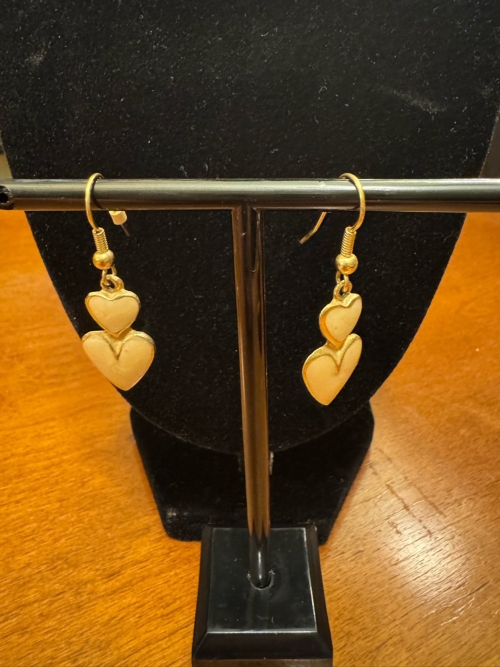 Vintage Gold Cream Enamel Double Heart Dangle Earrings - Women Jewelry